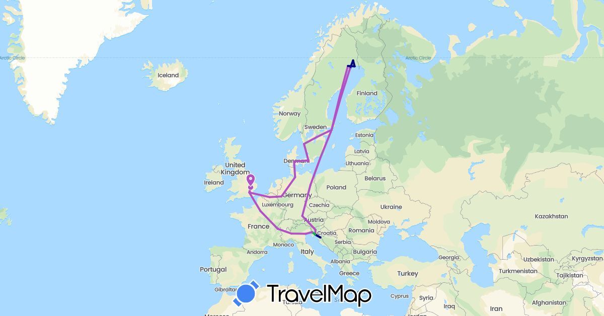 TravelMap itinerary: driving, bus, train in Belgium, Switzerland, Germany, Denmark, France, United Kingdom, Croatia, Italy, Sweden, Slovenia (Europe)
